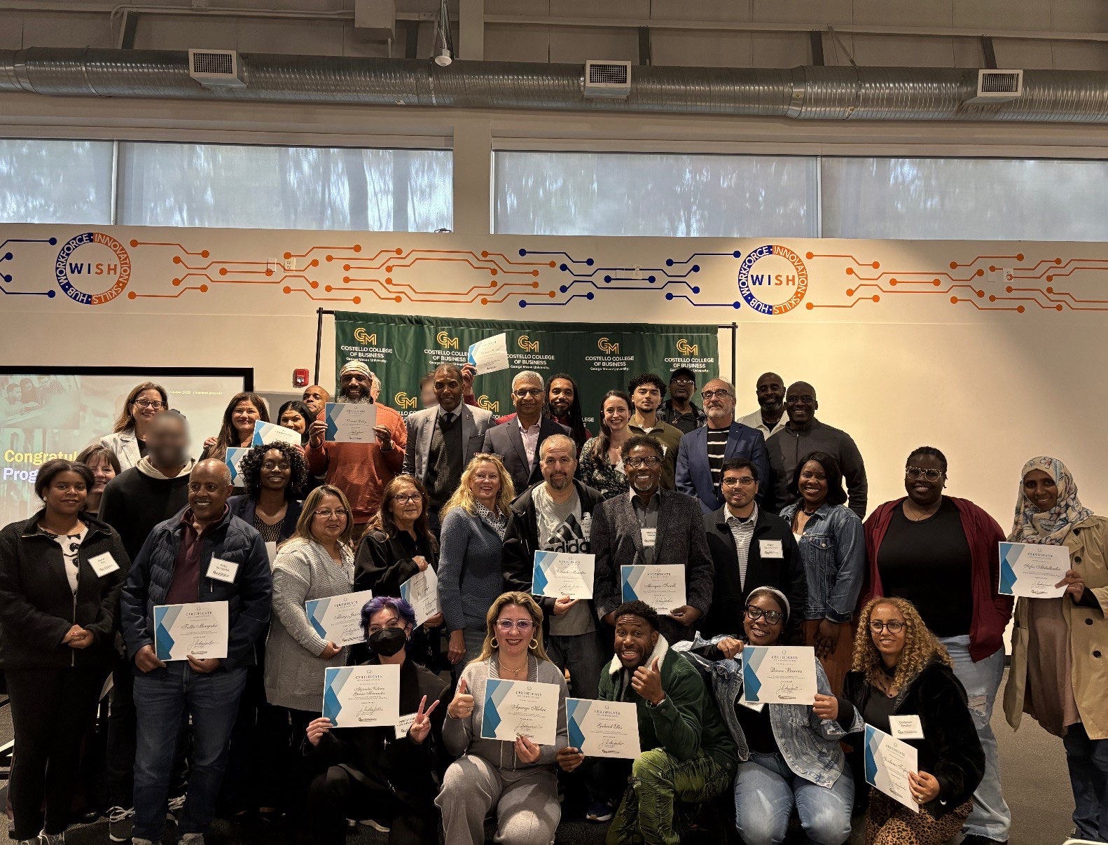 WISE graduating class with instructors and staff. Photo by Claudia Martinez Garcia, Center for Innovation and Entrepreneurship Student Leadership intern.